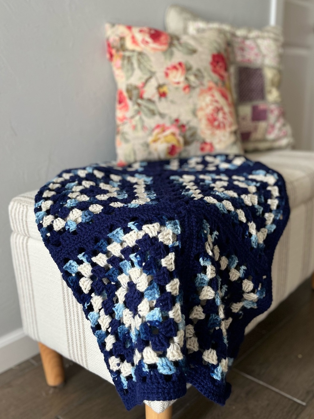 Cozy Navy & Cream Crochet Throw Blanket